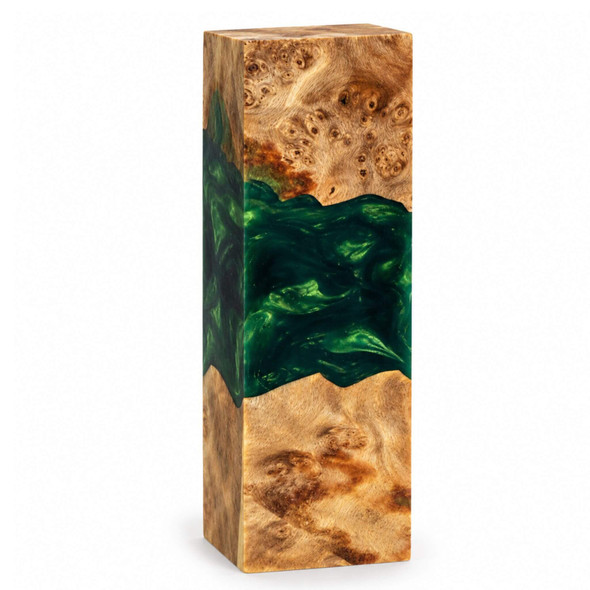 Hybrid stabilised burl wood and forest green resin knife handle block with natural figured grain and shimmering emerald green resin.