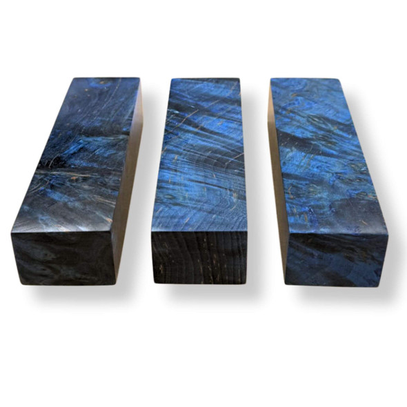 Blue stabilised birch burl wood blocks, 130 x 40 x 30 mm, angled view