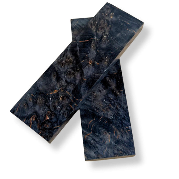 Black stabilised birch burl knife handle scales, set of 2, angled view