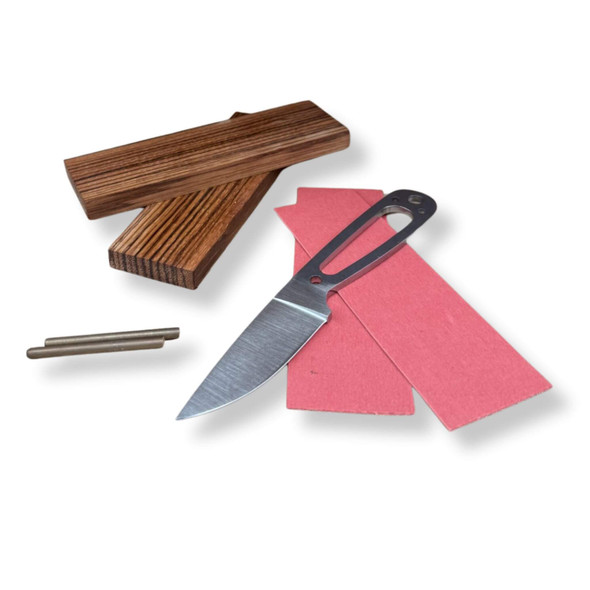 Brisa Necker 70mm knife making kit with Zebrawood handle scales, red vulcanised spacer material and brass pins