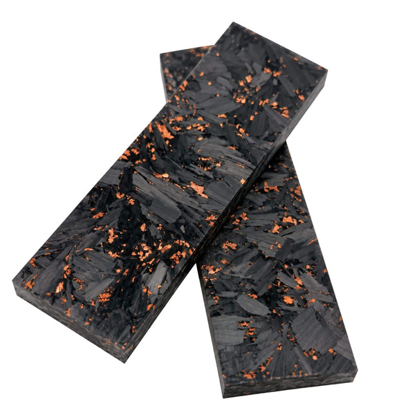 Pair of black marbled carbon fibre knife handle scales with copper-coloured foil, 135 × 40 × 8 mm