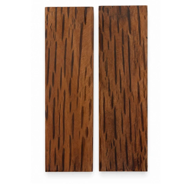 Pair of Hairy Oak knife handle scales, 130 x 40 x 10 mm each, showing distinctive natural grain on a white background.