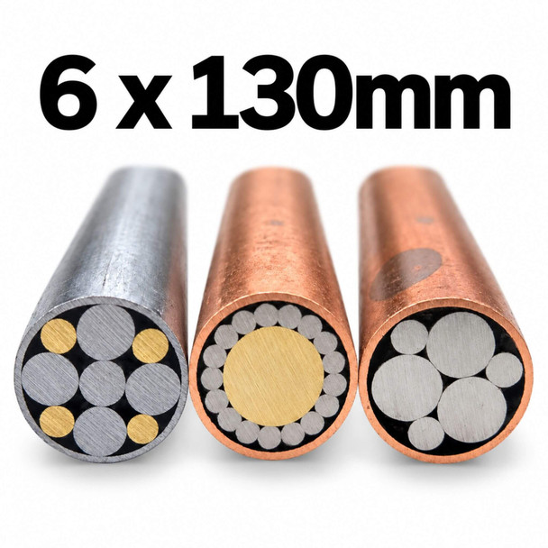 Three decorative mosaic pins for knife making, 6mm diameter x 130mm long, featuring stainless steel, brass and copper designs for custom knife handles.