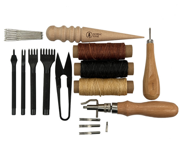Beginner Leatherworking Tool Set with stitching chisels, thread, needles, awl, groover and edge slicker for leather sheath making