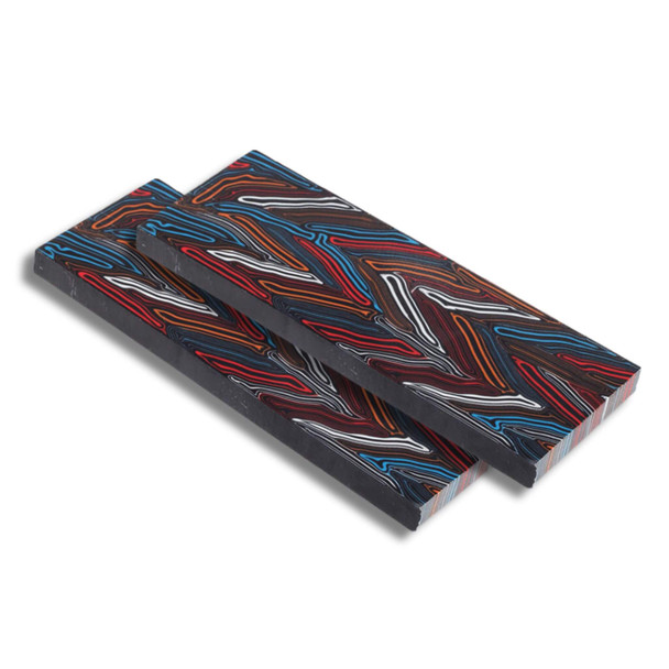Set of 2 G10 Damascus Multicolour handle scales – 120 x 50 x 8mm with layered red, blue, orange, white, and black pattern