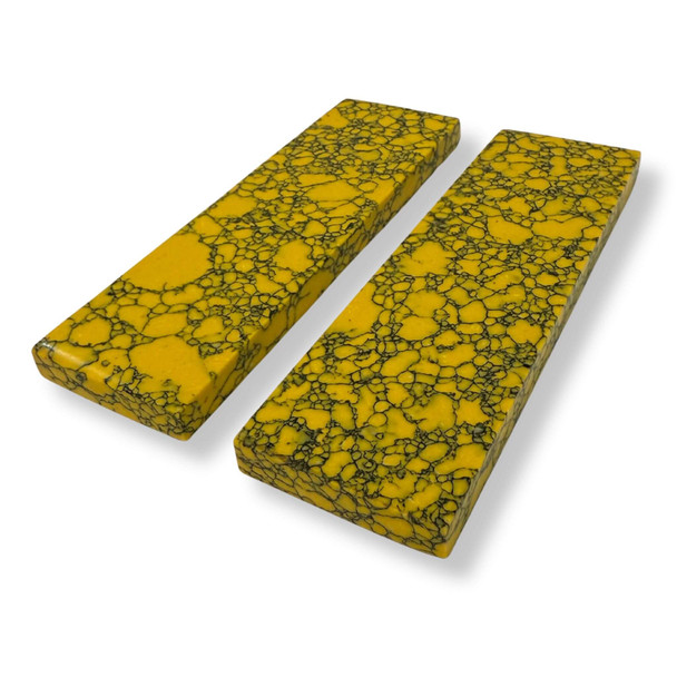 Set of two yellow web pattern recon stone knife handle scales, 120 x 40 x 8 mm