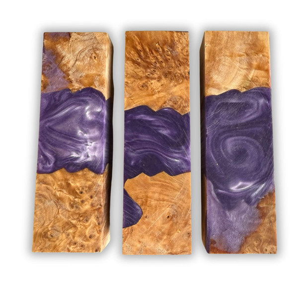 Hybrid stabilised burl and resin block – Royal Purple (130 × 40 × 30 mm), knife handle material