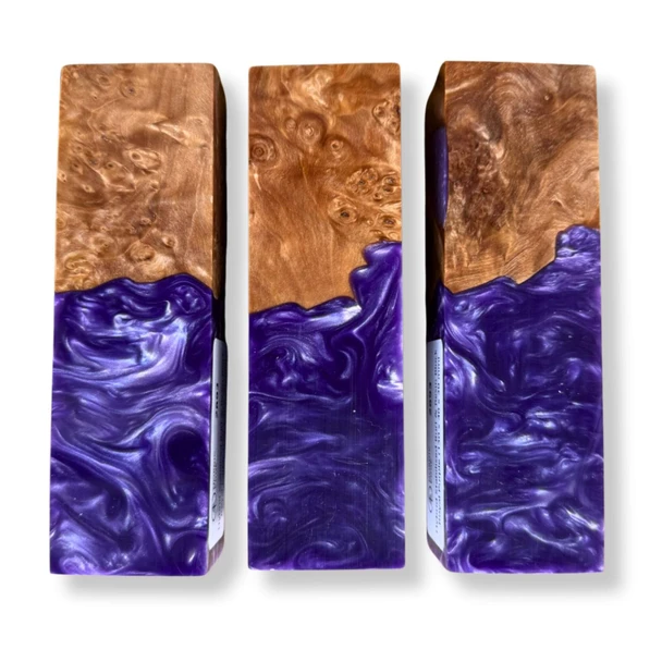 Hybrid stabilised burl and royal purple resin knife handle blocks
