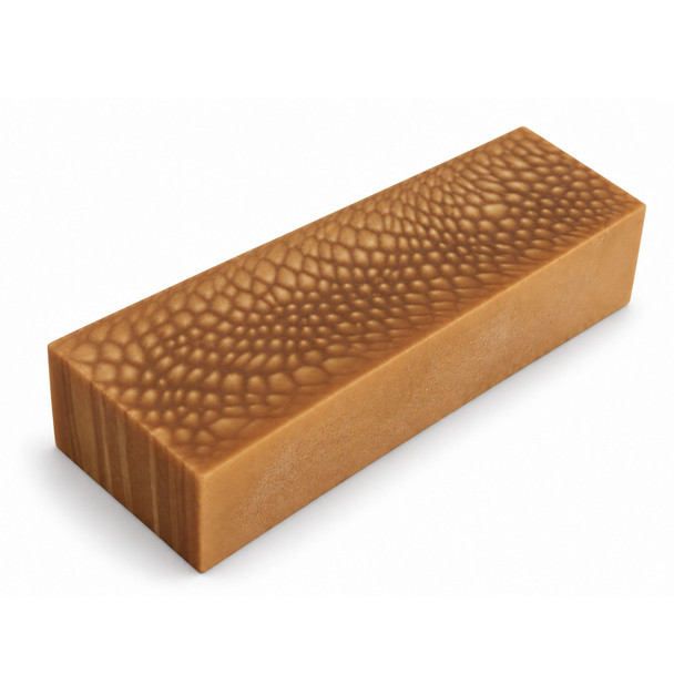 Honey Dragon resin knife handle block, 120 x 40 x 30 mm, featuring a warm honey-brown colour and distinctive dragon-scale pattern on a white background.