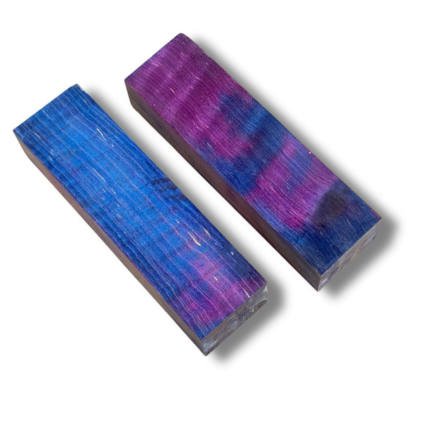 Stabilised maple wood block – blue and purple 130 × 40 × 30 mm – knife making handle material.