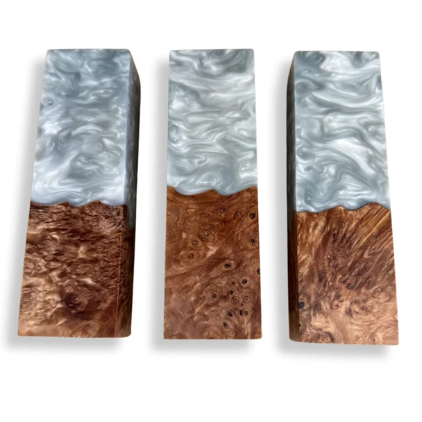 Hybrid stabilised burl resin blocks in silver grey pearl resin - seconds
