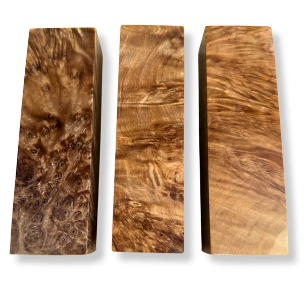 Natural stabilised birch burl wood blocks, 130 x 40 x 30 mm, top view showing burl figure