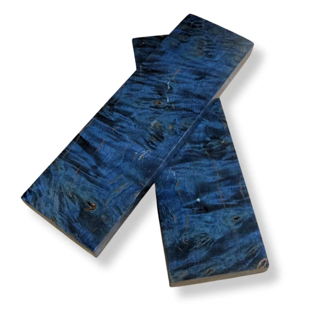 Blue stabilised birch burl knife handle scales, set of 2, crossed view