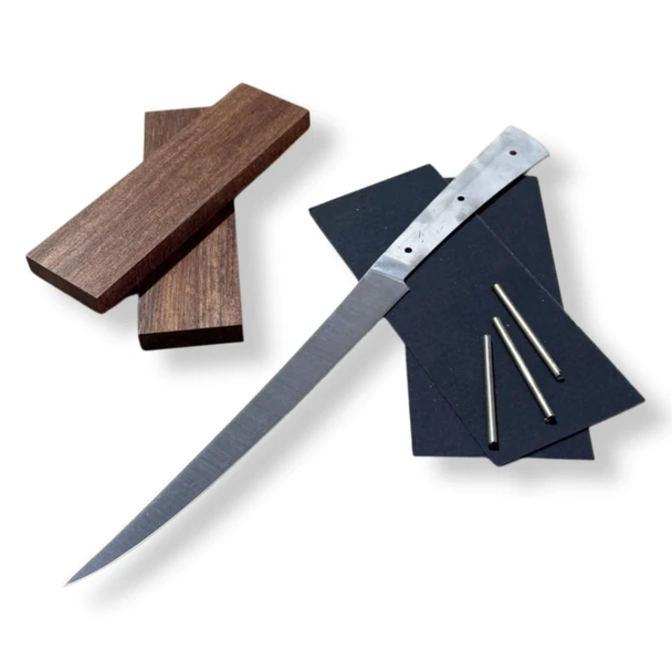 Fillet knife making kit with 180 mm stainless blade, Blackwood handle scales, black spacers and stainless pins