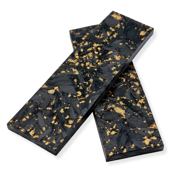 Pair of black marbled carbon fibre knife handle scales with gold-coloured foil, 135 × 40 × 8 mm