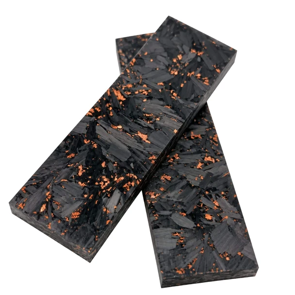 Pair of black marbled carbon fibre knife handle scales with copper-coloured foil, 135 × 40 × 8 mm