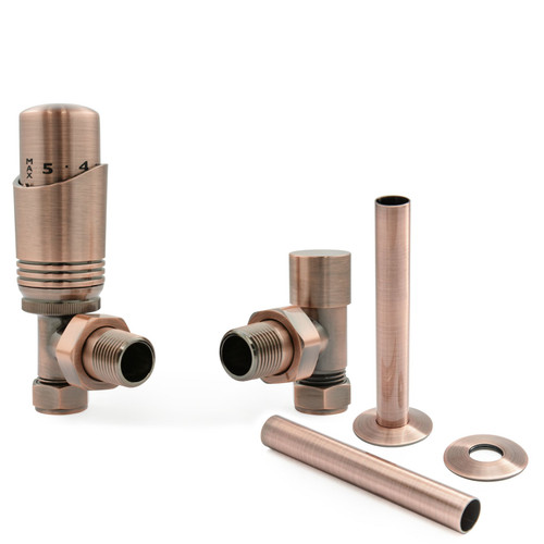 CASCA-AG-PS-AC - Cascade Modern Angled Thermostatic Radiator Valve (TRV) and Sleeve Kit - Antique Copper