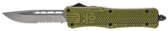 CobraTec Knives MODCTK1MDS CTK-1  Medium 3" OTF Drop Point Part Serrated D2 Steel Blade/OD Green Aluminum Handle Features Glass Breaker Includes Pocket Clip
