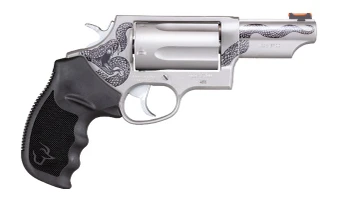 Taurus 2-441039T-SNK Judge  Compact 45 Long Colt/410 Gauge 5 Shot 3" Stainless Engraved w/Snake  Barrel & Frame, Stainless Cylinder, Black Rubber Grip, Transfer Bar Safety