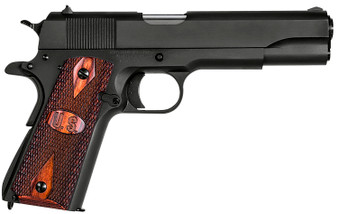 Auto-Ordnance 1911BKOW 1911 A1 GI Spec 45 ACP 7+1, 5" Stainless Steel Barrel, Matte Black Serrated Carbon Steel Slide & Frame w/Beavertail, Checkered Wood w/Integrated US Logo Grip