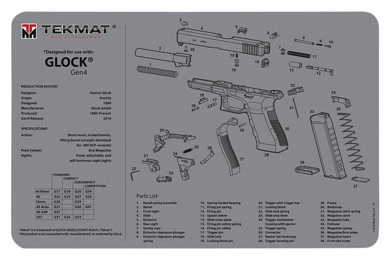 TekMat TEKR17GLOCKG4GY Glock Gen 4 Cleaning Mat Gray Rubber 11"x17" Glock Gen 4 Parts Diagram