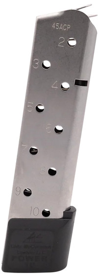 CMC Products 15150 Power Mag  10rd 45 ACP Fits 1911 Government Stainless Steel w/ Black Base Pad