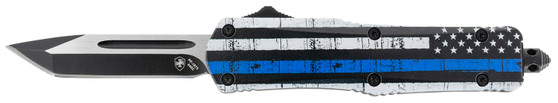 Templar Knife SBTB231 Gen II Back The Blue Small 2.69" OTF Tanto Plain Black Oxide Stonewashed 440C SS Blade, 4.31" Black & White w/Blue Line Aluminum Handle, Glass Breaker