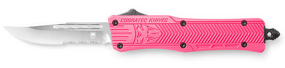 CobraTec Knives SPKCTK1SDS CTK-1  Small 2.75" OTF Drop Point Part Serrated D2 Steel Blade/ Pink Aluminum Handle Features Glass Breaker Includes Pocket Clip