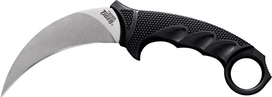 Cold Steel CS49KST Steel Tiger  4.75" Fixed Plain Stone Washed Japanese AUS-8A SS Blade/Black w/Thumb Shelf & Finger Ring Griv-Ex w/Overmold Kray-Ex Handle