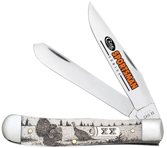Case 81221 Trapper Sportsman Folding Clip Point/Spey Plain Mirror Polished Tru-Sharp SS Blade/Turkey Embellished Natural Bone Handle