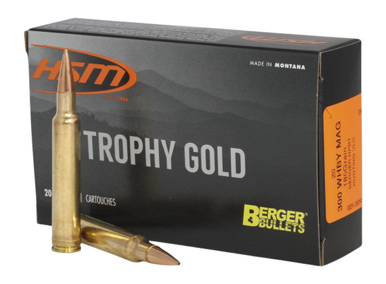 HSM 300WBY185VLD Trophy Gold Extended Range 300 Wthby Mag 185 gr Berger Hunting VLD Match 20 Per Box/ 20 Case