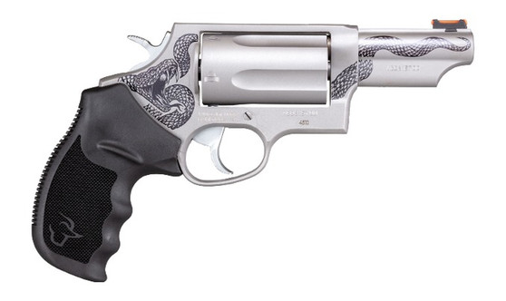 Taurus 2-441039T-SNK Judge  Compact 45 Long Colt/410 Gauge 5 Shot 3" Stainless Engraved w/Snake  Barrel & Frame, Stainless Cylinder, Black Rubber Grip, Transfer Bar Safety