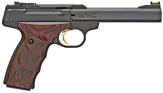 Browning 051429490 Buck Mark Plus *CA Compliant 22 LR 10+1 5.50" Slab Side Barrel, Matte Black Serrated Steel Slide  & Aluminum Frame, Brown Finger Grooved Laminate Grips