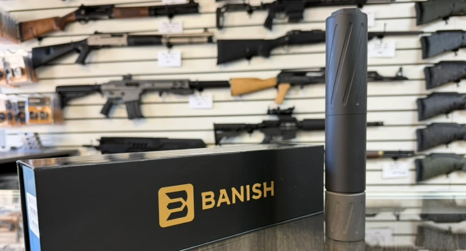 Suppressors on display at the Gun Gear Warehouse counter in Oak Grove, Missouri