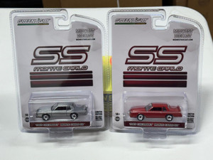 Greenlight 1985 Chevy Monte Carlo SS 2 Car set Burgundy Red & RAW CHASE 1/64