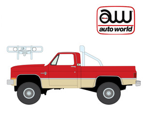 1_PREORDER Auto World 1987 Chevy Silverado Fleetside 4x4 w/Roll Bar & Push Bar Bright Red w/Tan Lower 2-Tone