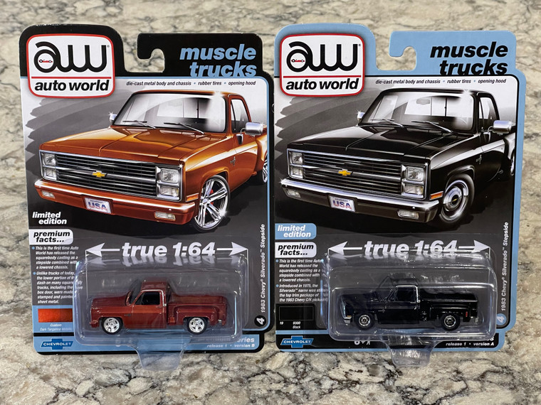 Auto World 1983 Chevy Silverado Stepside Pickup Truck set 1/64 Black & Tangerine