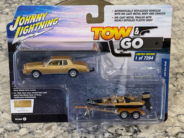 Johnny Lightning Light Camel Poly 1980 Chevy Monte Carlo with Bass Boat 1/64