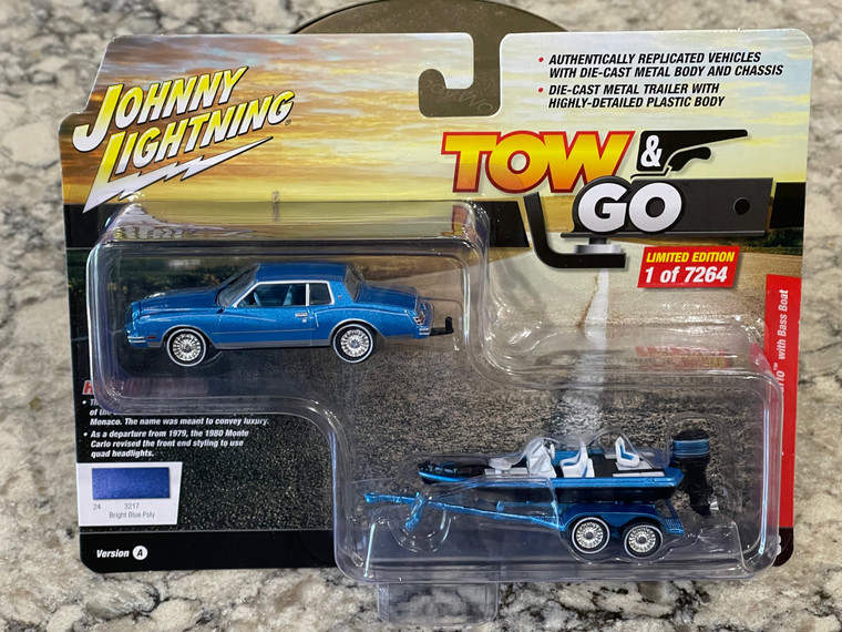 Johnny Lightning Bright Blue Poly 1980 Chevy Monte Carlo with Bass Boat 1/64