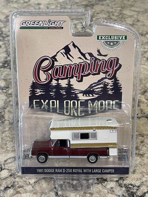 GREENLIGHT Red and White 1981 DODGE RAM D-250 ROYAL with LARGE CAMPER 1/64