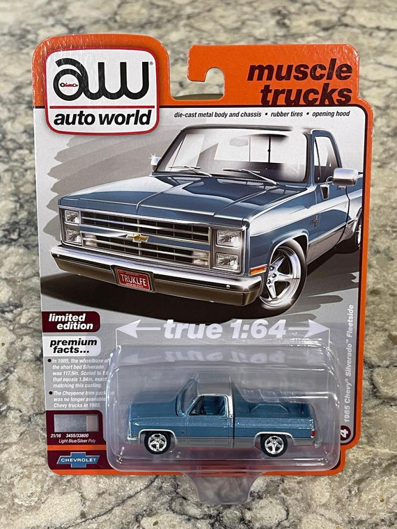 Auto World 1985 Chevrolet Silverado Pickup Truck Light Blue Silver Poly 1/64