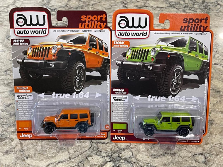 Auto World Gecko Green & Crush Orange 2013 Jeep Wrangler Unlimited Set 1/64