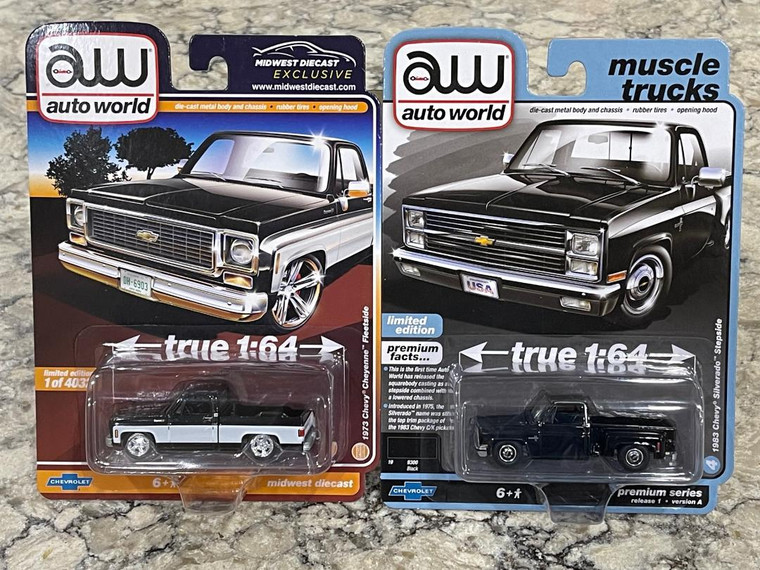 Auto World Chevy Pickup Truck Set: 1973 Cheyenne & 1983 Silverado Black 1/64