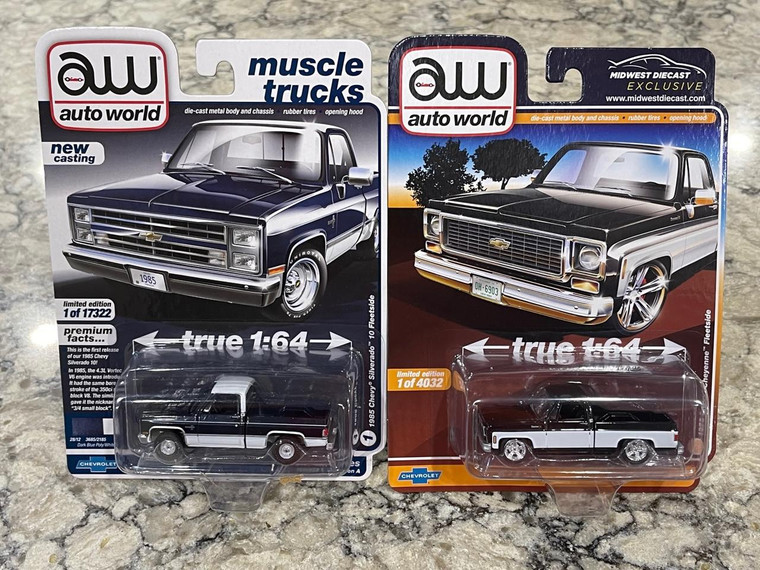 Auto World Chevy Pickup Truck Set 1973 Cheyenne & 1985 Silverado Blue/White 1/64