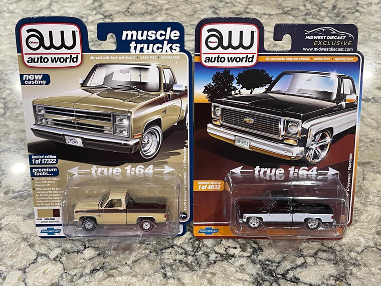 Auto World Chevy Pickup Truck Set 1973 Cheyenne & 1985 Silverado Tan/Brown 1/64