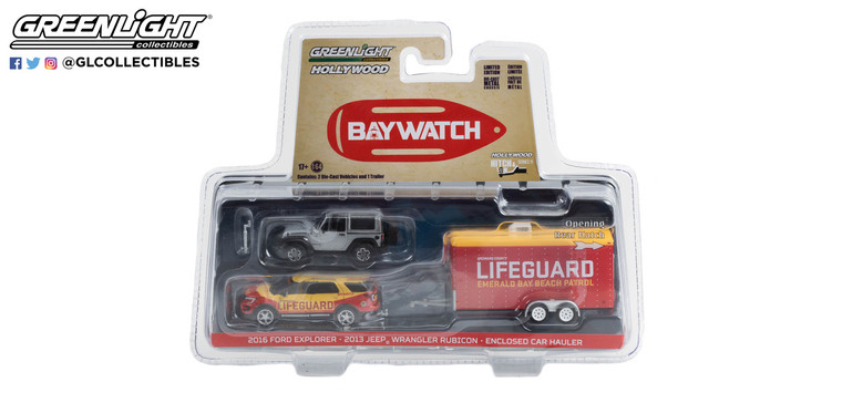 Greenlight Baywatch 2016 Ford Explorer 2013 Jeep Wrangler Rubicon & Trailer 1/64