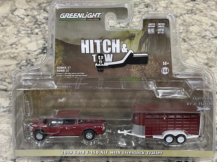 Case of 24 Greenlight Hitch and Tow 2019 Ford F-150 XLT with Livestock Trailer 1/64 FREE SHIPPING