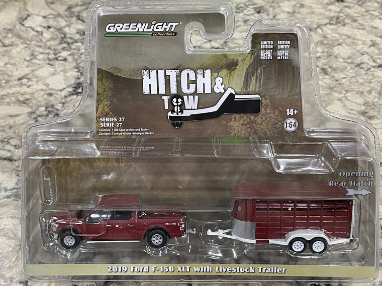 Mini Case of 6 Greenlight Hitch and Tow 2019 Ford F-150 XLT with Livestock Trailer 1/64 FREE SHIPPING