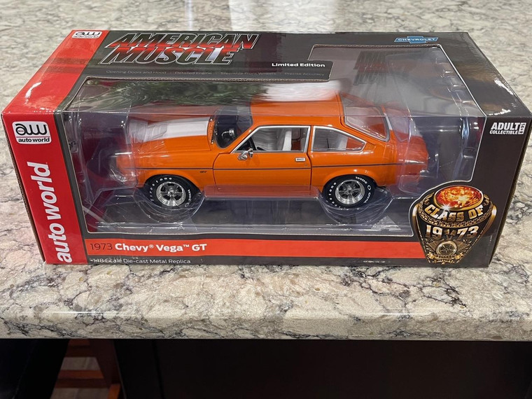 AMERICAN MUSCLE 1973 CHEVROLET VEGA GT Bright Orange White Stripes 1/18 AMM1319 FREE SHIPPING