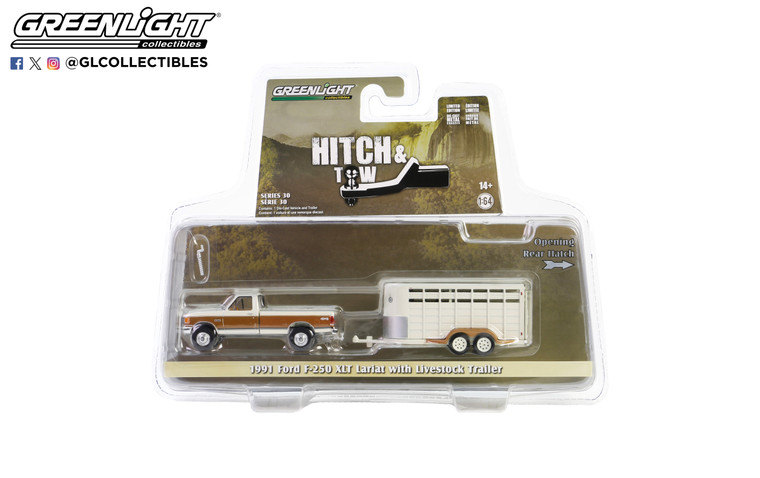 Greenlight Hitch and Tow 1991 Ford F-250 XLT Lariat with Livestock Trailer 1/64